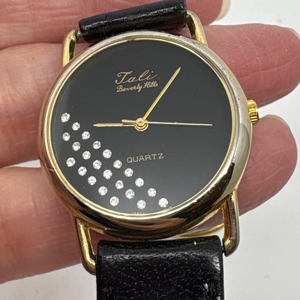 1980s Tali Beverly Hills Watch Rhinestone Accent Gold Tone Black Face Quartz